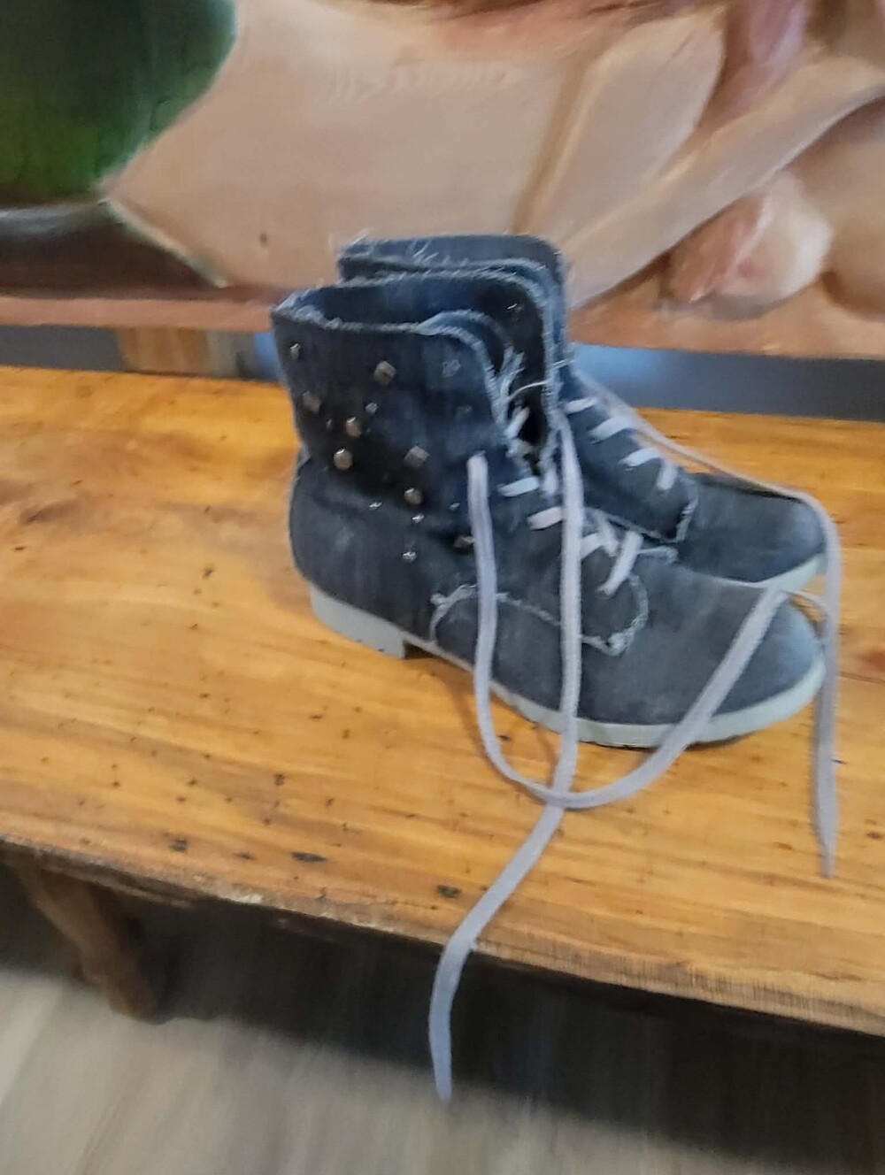 Graceland Size 9 Gray Denim Lace-Up Ankle Boots with Stud Detail